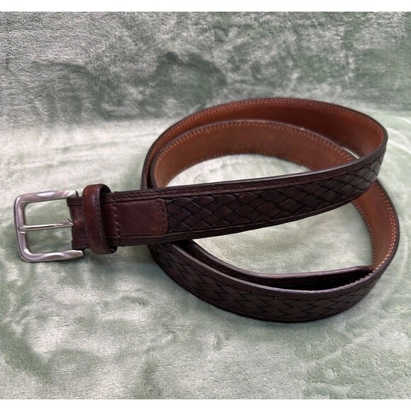 Cabelas Leather Belt Men 48 Top Grain Cowhide Basketweave Woven Inlay Brown 2928 - Picture 1 of 8